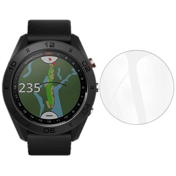 Two Garmin Approach S40 watch screen protectors in clear packaging, designed to shield the watch face from scratches and damage.