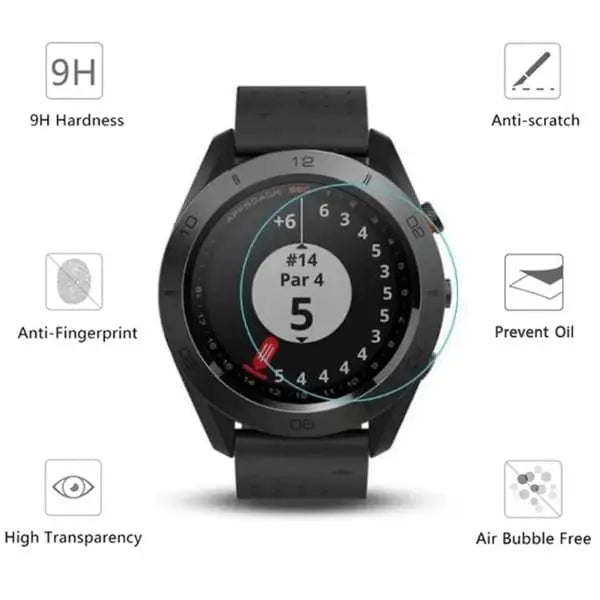 Set of five Habicare Garmin Approach S60 watch screen protectors showing clear, protective film on smartwatch screen.