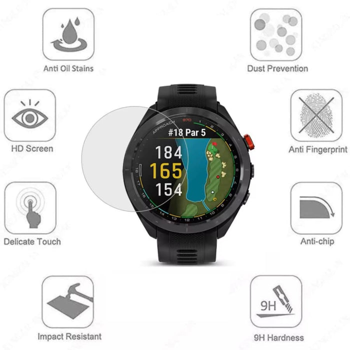 Pack of two Garmin Approach S62 watch screen protectors by That Watch Shop showing clear, protective film on smartwatch display