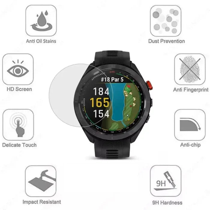 Set of five Habicare Garmin Approach S62 watch screen protectors showing clear, durable protective film on the watch face.