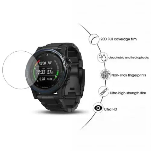 Set of five Habicare Garmin Descent Mk1 watch screen protectors showing clear, durable protection for smartwatch screens.