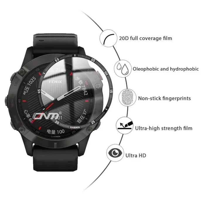 Set of five Habicare Garmin Fenix 6/6 Pro Series watch screen protectors showing clear, protective film on smartwatch screens.