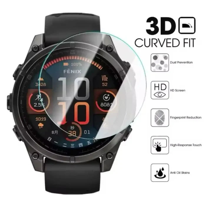 Set of five Habicare Garmin Fenix 8 43mm series watch screen protectors showing clear, thin, protective film on smartwatch screens.