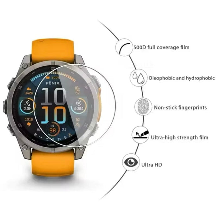 Pack of two Garmin Fenix 8 51mm series watch screen protectors, designed to safeguard digital smartwatch screens.