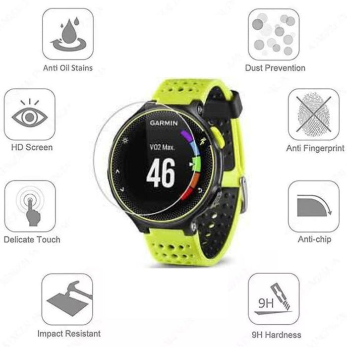 Pack of two Garmin Forerunner 230 watch screen protectors by That Watch Shop, clear protective film for smartwatch screens.