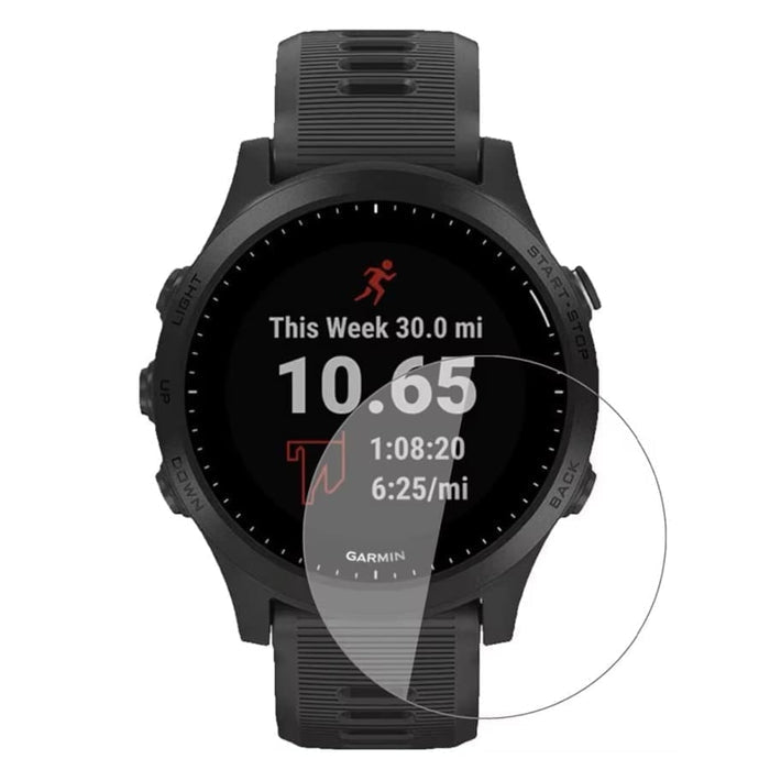 Pair of Garmin Forerunner 245 series watch screen protectors by That Watch Shop, transparent protectors for smartwatch screens.