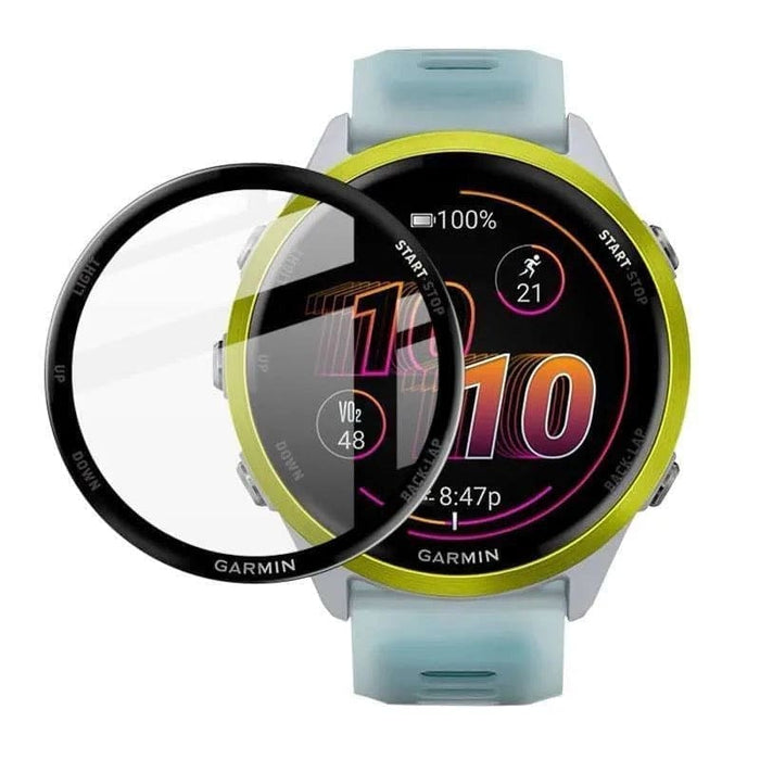 Two Garmin Forerunner 570 (47mm) watch screen protectors by That Watch Shop, clear and protective, shown on the watch face.