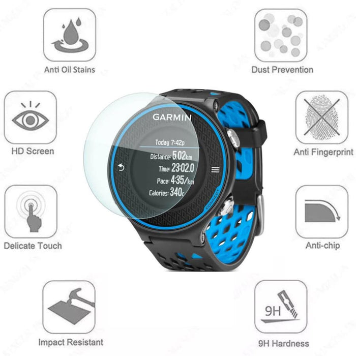 Pair of Garmin Forerunner 620 watch screen protectors by That Watch Shop, clear and durable protective covers for smartwatch screens