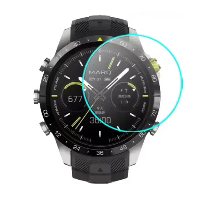 Set of five Habicare Garmin MARQ Gen 2 Series watch screen protectors showing clear, protective coating on smartwatch screens.