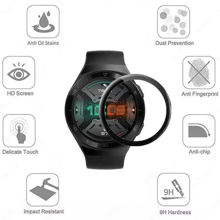 Set of five Habicare Huawei GT 2e Active watch screen protectors, clear and durable for smartwatch screen protection.