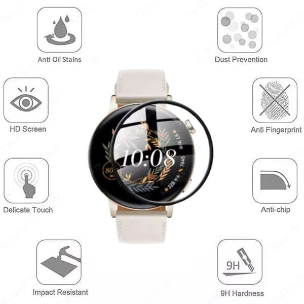 Two clear Huawei GT3 Pro 43mm watch screen protectors in packaging, designed to safeguard the watch face from scratches and impacts.
