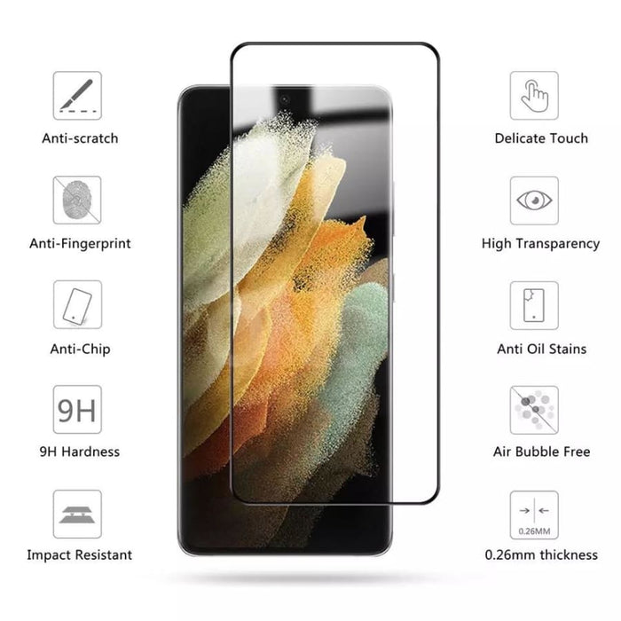 Two 9eight5 Samsung Galaxy S21 screen protectors shown on a phone screen with multimedia icons and app interface.