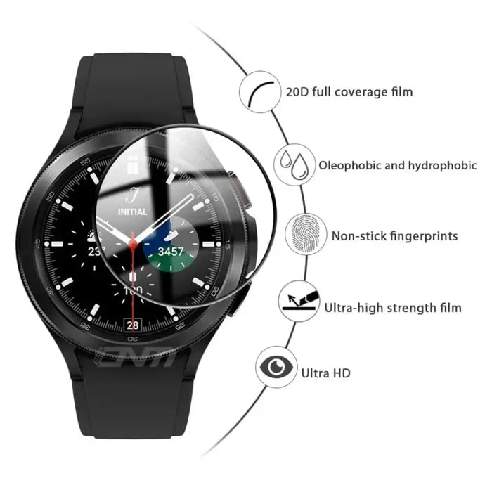 Pack of five Habicare screen protectors for Samsung Galaxy Watch 4 Classic 46mm, showing protective films on watch screens.