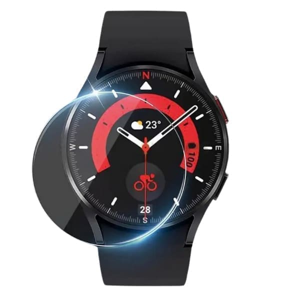 Black screen protectors for Samsung Galaxy Watch 5 Pro 45mm, pack of 2, designed to safeguard the watch display.