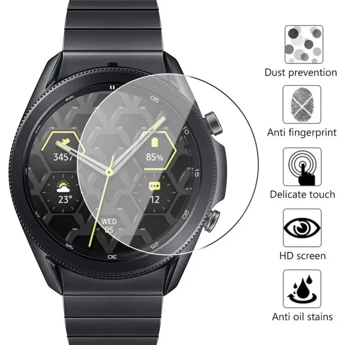 Pack of five Habicare screen protectors for Samsung Galaxy Watch Gear S3, designed to shield the watch screen from scratches.