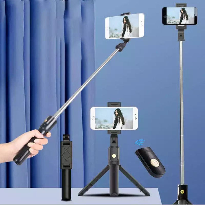 9eight5 selfie stick with remote and stand for phones and tablets, showing adjustable extendable handle and remote control.