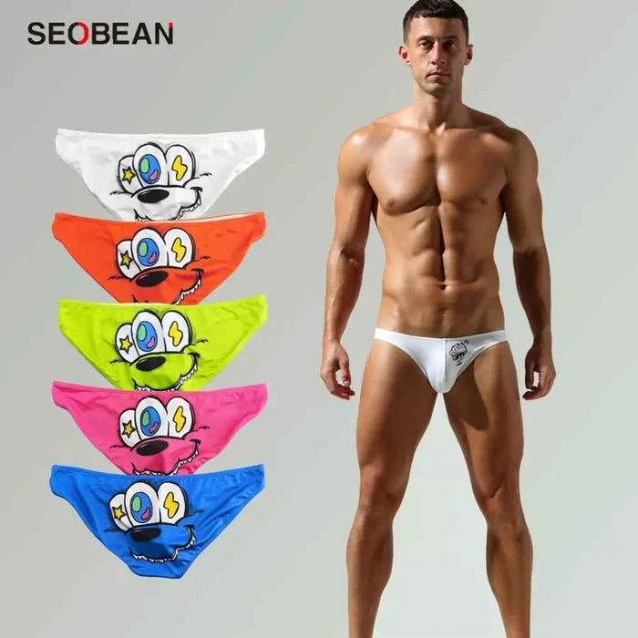 Men's SEOBEAN cartoon briefs, low-rise stretch underwear with colorful cartoon print, designed for comfort and style.