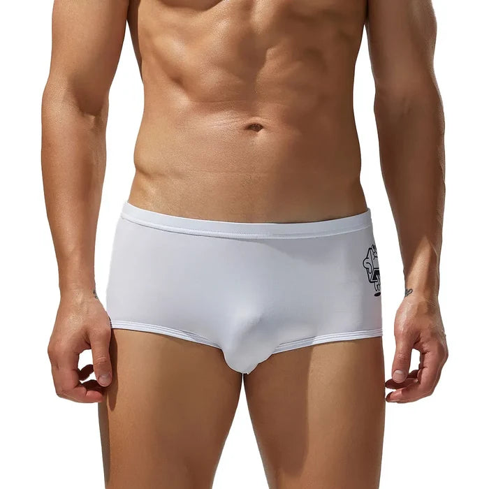 Men's low waist ice silk boxer briefs by SEOBEAN, comfortable men's underwear in sleek, breathable fabric, shown in navy color.