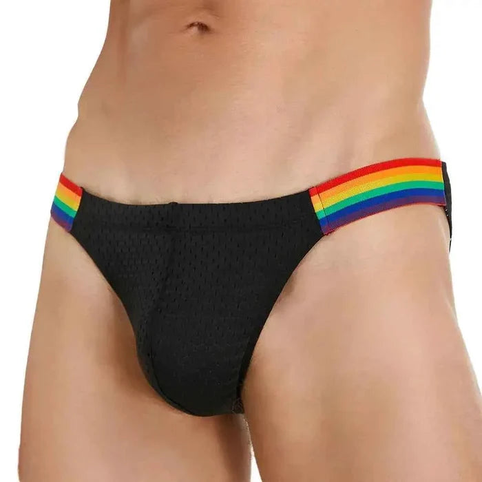Men's breathable mesh briefs with rainbow belt from SEOBEAN, featuring a sexy, stylish design and comfortable fit.