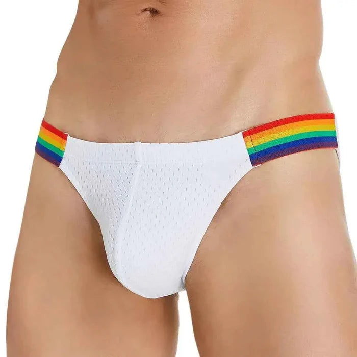 Men's breathable mesh briefs by ShopHub NZ featuring a rainbow belt and sexy, comfortable design.