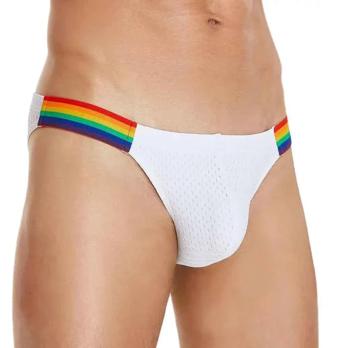 Men's breathable mesh briefs with rainbow belt by ShopHub NZ, featuring a sexy, lightweight design and vibrant rainbow accents.