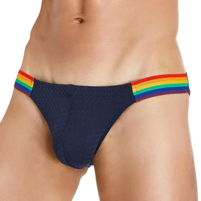 Men's breathable mesh briefs by ShopHub NZ featuring a rainbow belt and sexy, lightweight design for comfort and style.