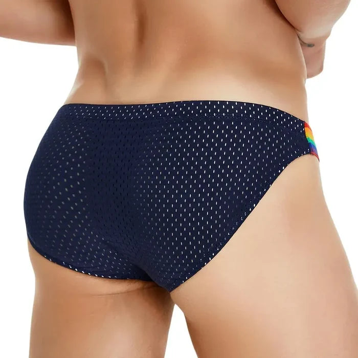 Men's breathable mesh briefs with rainbow belt from SEOBEAN, featuring a sexy design and comfortable fit.