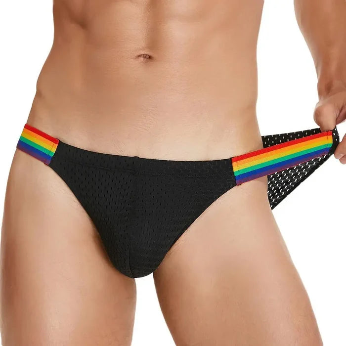 Men's breathable mesh briefs by ShopHub NZ featuring a rainbow belt and sexy, comfortable design.