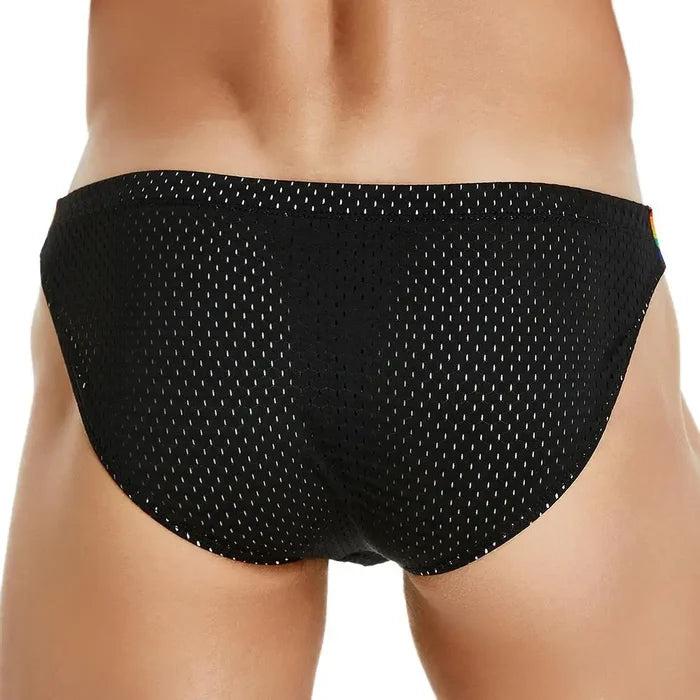 Men's breathable mesh briefs with rainbow belt by SEOBEAN, featuring a sexy design and comfortable fit.