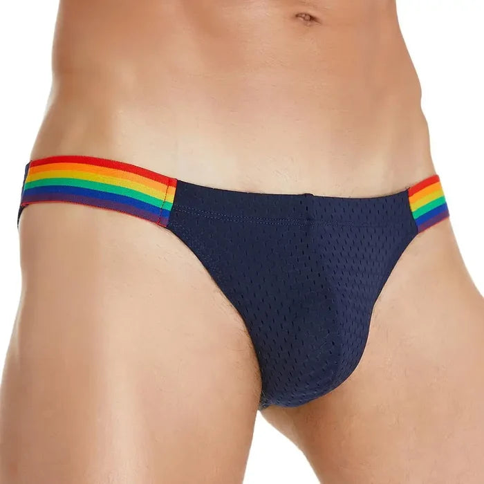 Men's breathable underwear by ShopHub NZ, mesh briefs with rainbow belt, showcasing their sexy, comfortable fit and vibrant design.