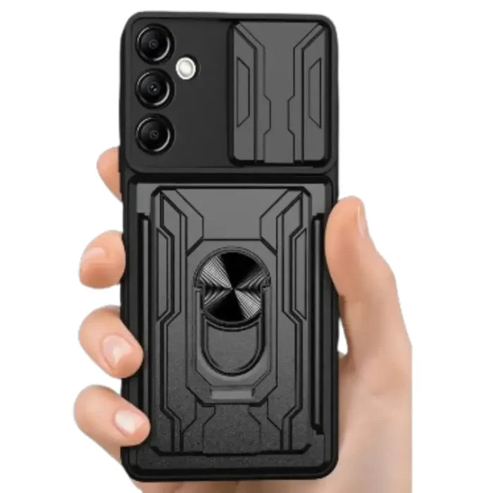 Black Habicare Shockproof Card Slot Case for Samsung Galaxy Note and S Series, showing protective design and card slots.