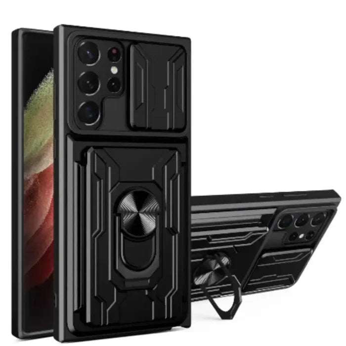 Black Habicare 9eight5 shockproof card slot case for Samsung Galaxy Note and S Series, showing protective design and card storage slots.
