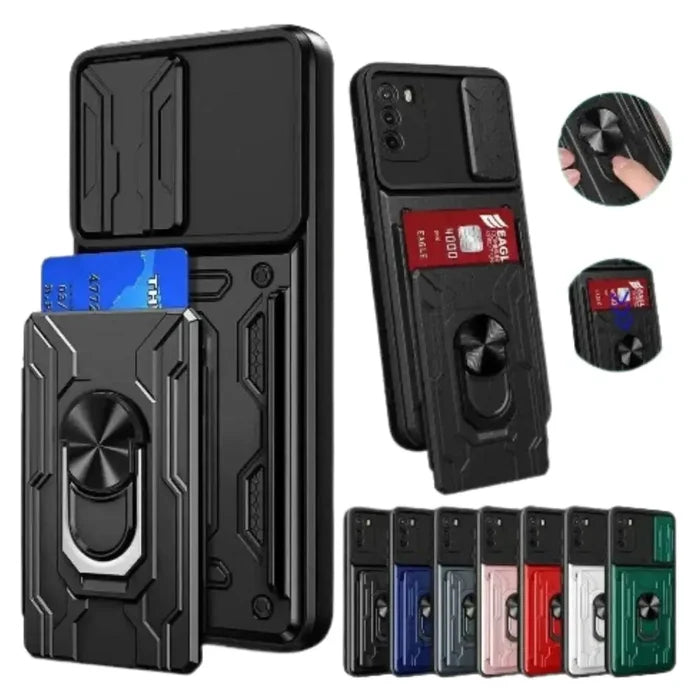 Black Habicare 9eight5 shockproof card slot case for Samsung Galaxy Note and S series smartphones, showing protective design and card slots.