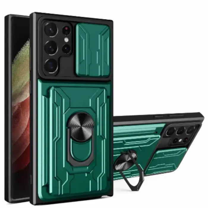Green Shockproof Card Slot Case for Samsung Galaxy Note and S Series by Habicare, featuring protective design and card storage slots.