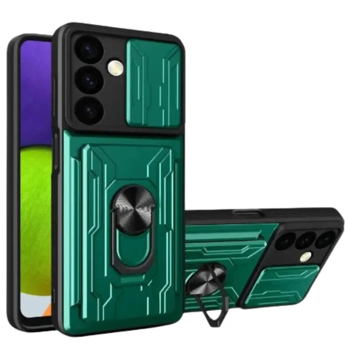Green Habicare 9eight5 shockproof card slot case for Samsung Galaxy Note and S Series smartphones, showing protective design and card slots.