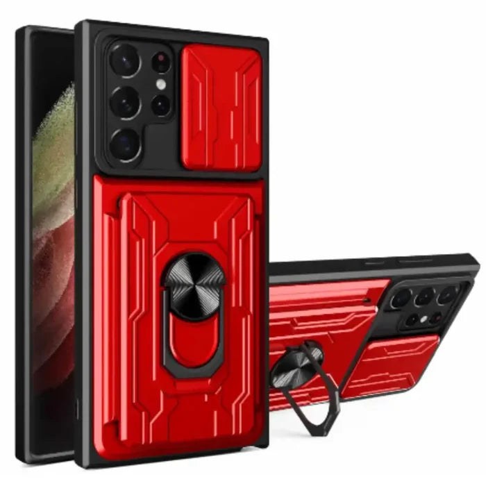 Red Shockproof Card Slot Case for Samsung Galaxy Note and S Series by Habicare, showing protective design and card slots.