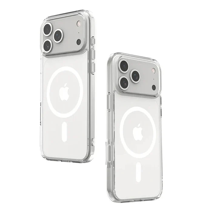 Clear shockproof wireless charging case for iPhone 17 series by 9eight5, showing the transparent durable design and precise cutouts.