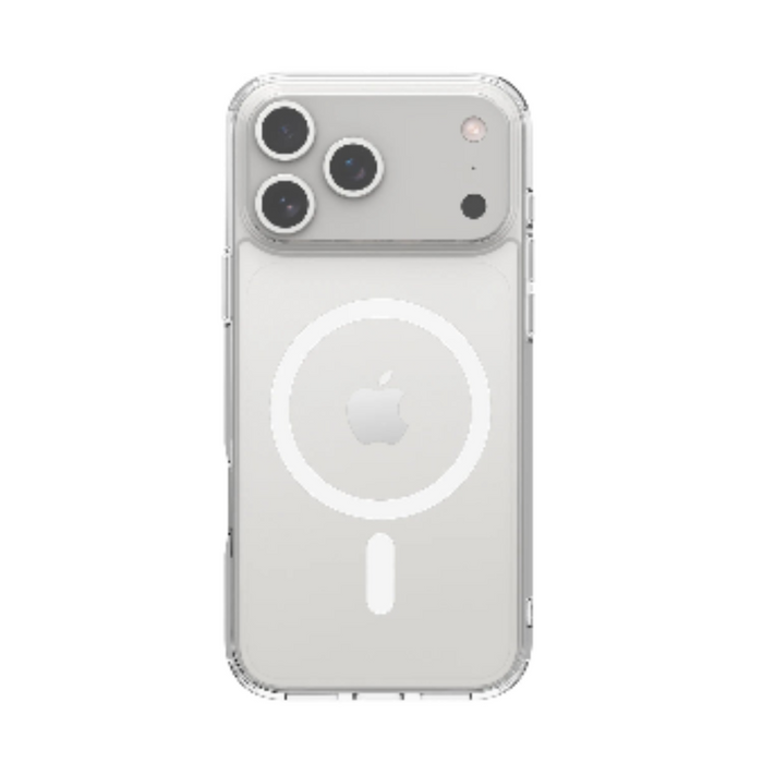 Clear wireless charging case for iPhone 17 series by Habicare, shockproof and transparent with reinforced edges.