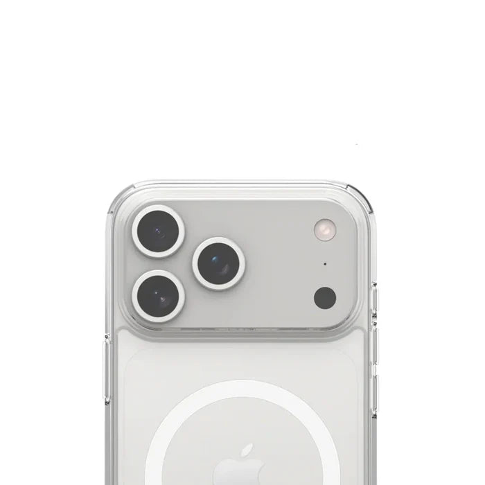 Clear shockproof wireless charging case for iPhone 17 series by Habicare, showing the transparent, protective design on the phone.