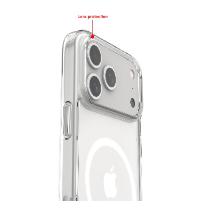 Clear shockproof wireless charging case for iPhone 17 series by Habicare, showing the transparent, protective design.