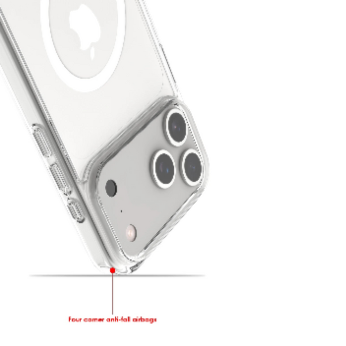 Clear wireless charging case for iPhone 17 series by Habicare, shockproof and transparent, showcasing the phone inside