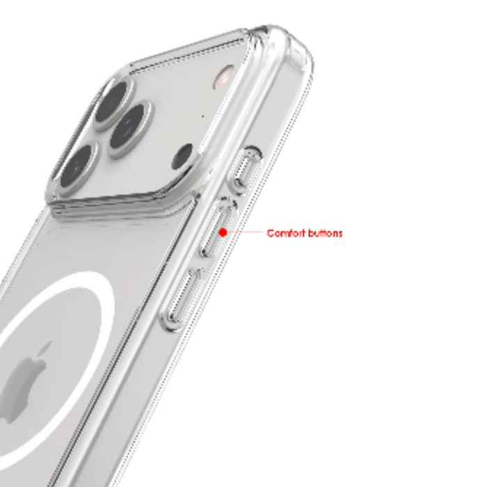 Clear shockproof wireless charging case for iPhone 17 series from 9eight5 by Habicare, showing the transparent design and reinforced edges.