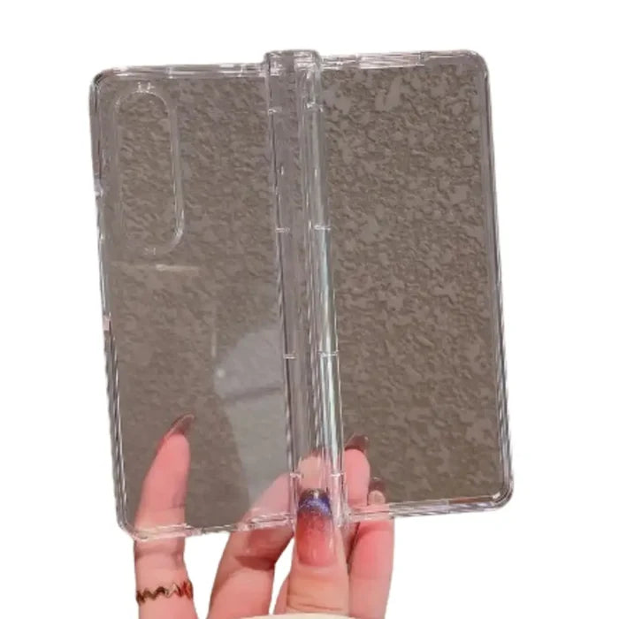 Clear, shockproof transparent cover for Samsung Z Fold series by 9eight5 from Habicare, shown on the phone.