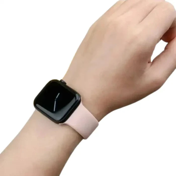 Habicare TWS silicone band for Apple Watch Series 38mm-42mm, available in 45 colors, showing a colorful watch band on a wrist.