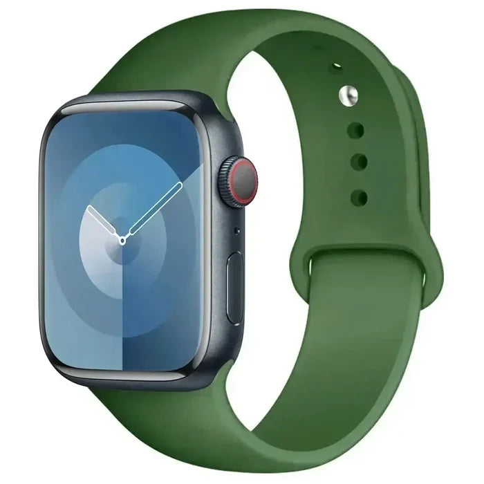 Habicare silicone band for Apple Watch Series 38mm-42mm, available in 45 colors, shown fitted to the watch.