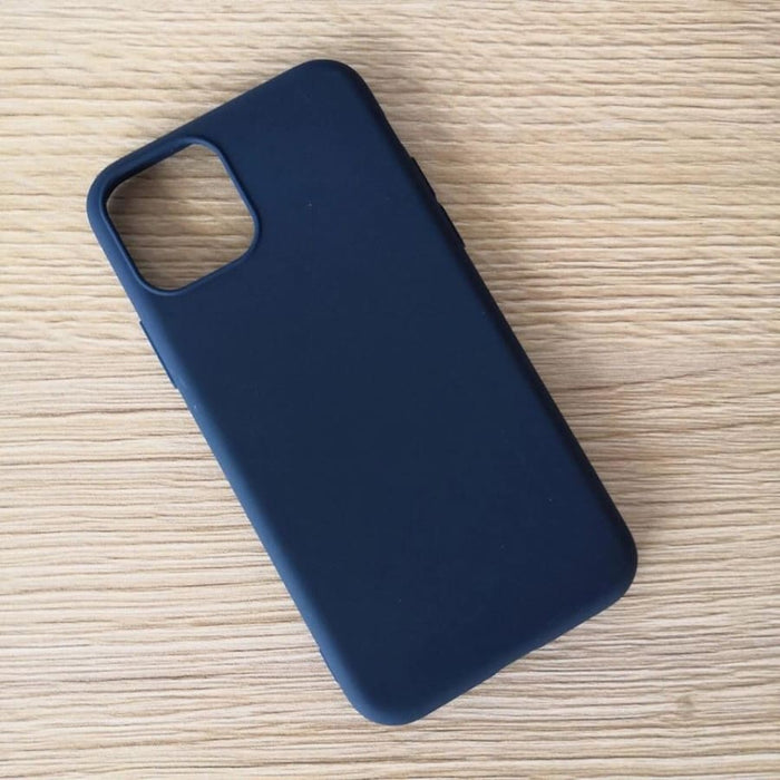 Navy blue silicone phone case for iPhone 11 by 9eight5, soft textured protective cover with precise cutouts for buttons and camera.