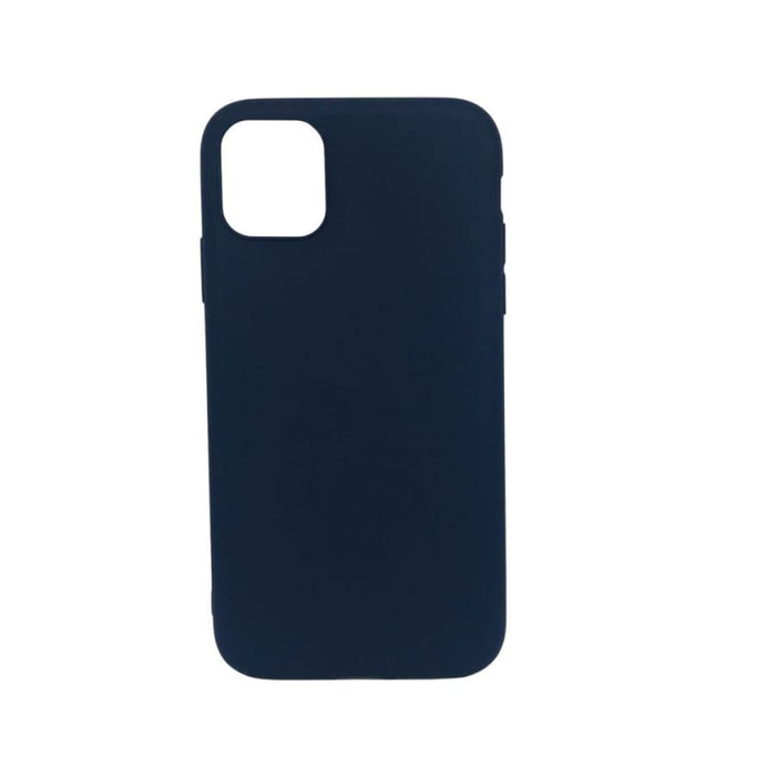 Navy blue silicone phone case for iPhone 11 by 9eight5, showing the smooth, flexible material and snug fit around the device.