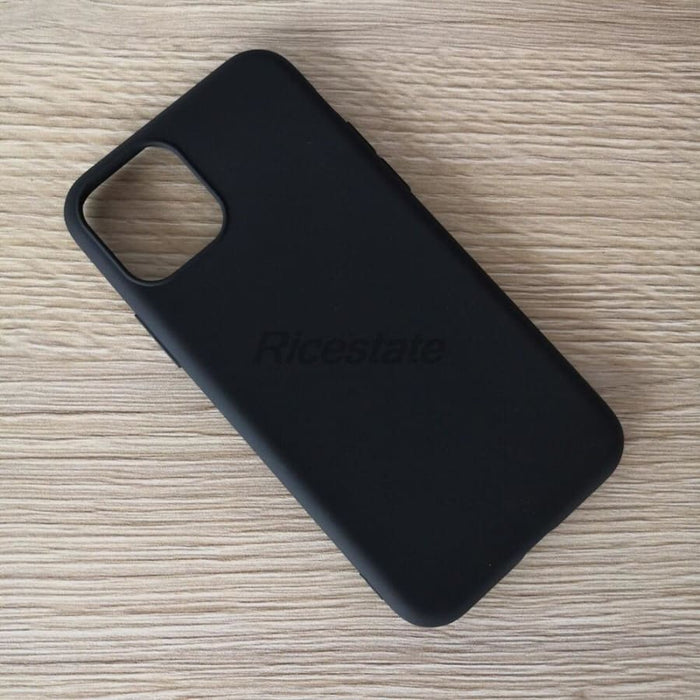 Black silicone case for iPhone 11 Pro by 9eight5, shown on a phone with a smooth, protective fit and minimal design.
