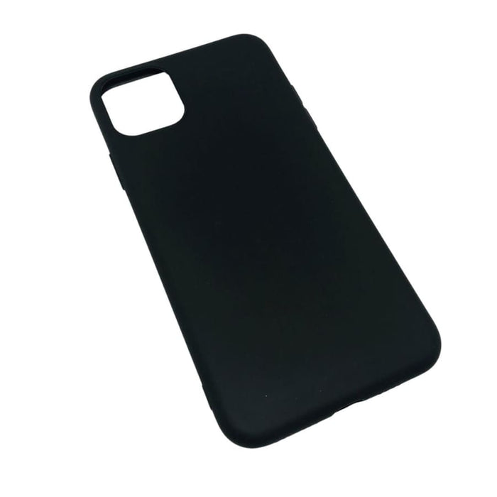 Black silicone case for iPhone 11 Pro Max by 9eight5, showing a snug fit and smooth texture on the phone.