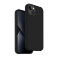 Black silicone case for iPhone 14 Plus (6.7”) by 9eight5, showing the slim, protective design covering the phone with precise cutouts.